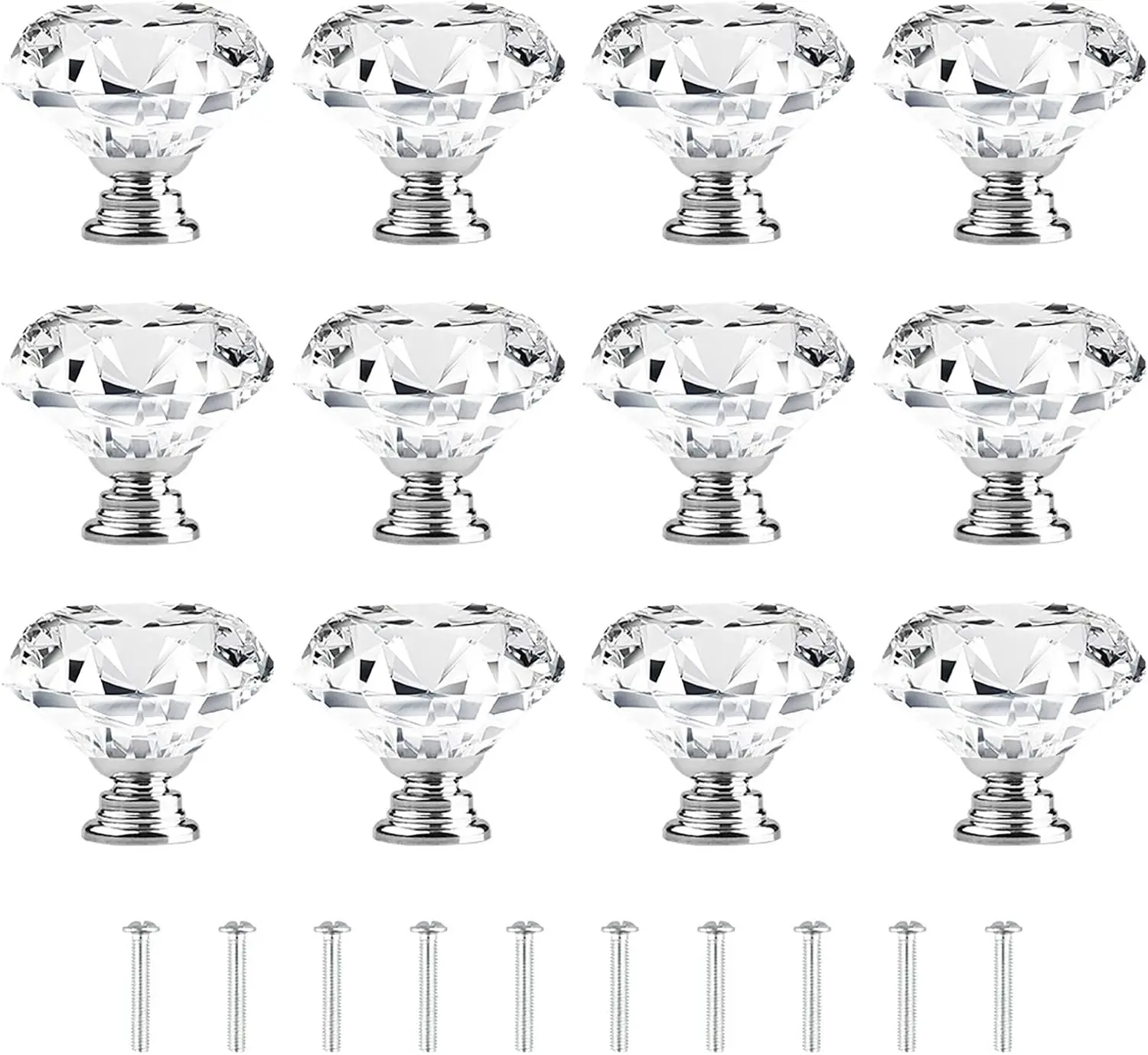 [12 PCS] 40mm Crystal Clr Glass Cabinet Drawer Pulls, Diamond Shape Cupboard Knobs with Screws for Kitchen, Dresr, Cupboard, Bathroom, Wardrobe (1.6 inch / 40mm)