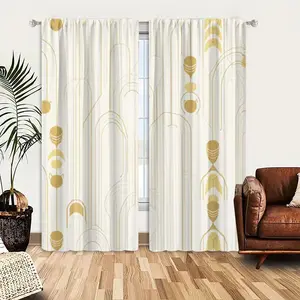 2pcs Window Curtains, Elegant Art Deco pattern on a cream background, featuring gold geometric lines, arches, and abstract suspended shapes, forming a refined, repeating design.Window Drapes for Bedroom Living Room, Rod Pocket Window Treatment
