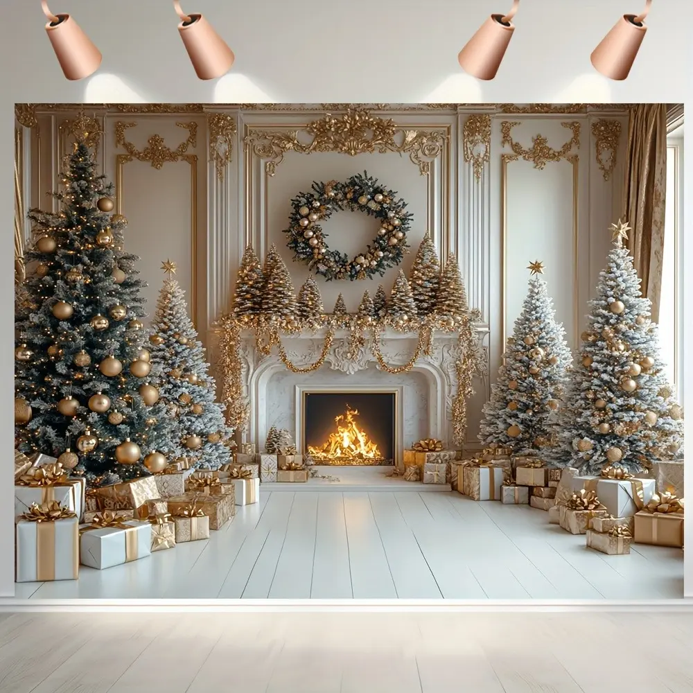 White and Gold Geometric Festive Backdrop Banner - Lightweight, Durable, Machine-Washable Home & Festive Supply for Birthday Ideas, Baby Shower, Christmas Ceremony Decor