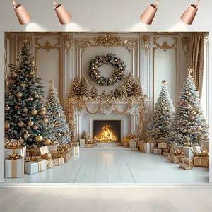White And Gold Christmas Fireplace Christmas Tree Gift Design Party Banners - Ideal Birthday Item, Party Decoration, Suitable For Home, Garden, Indoor & Outdoor Decoration, Room Decoration For Teenage Boys And Girls
