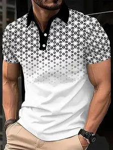Men's Gradient Geometric Print Shirt, Fashion Adult Colorblock Short Sleeve, Casual Fitted Long Top