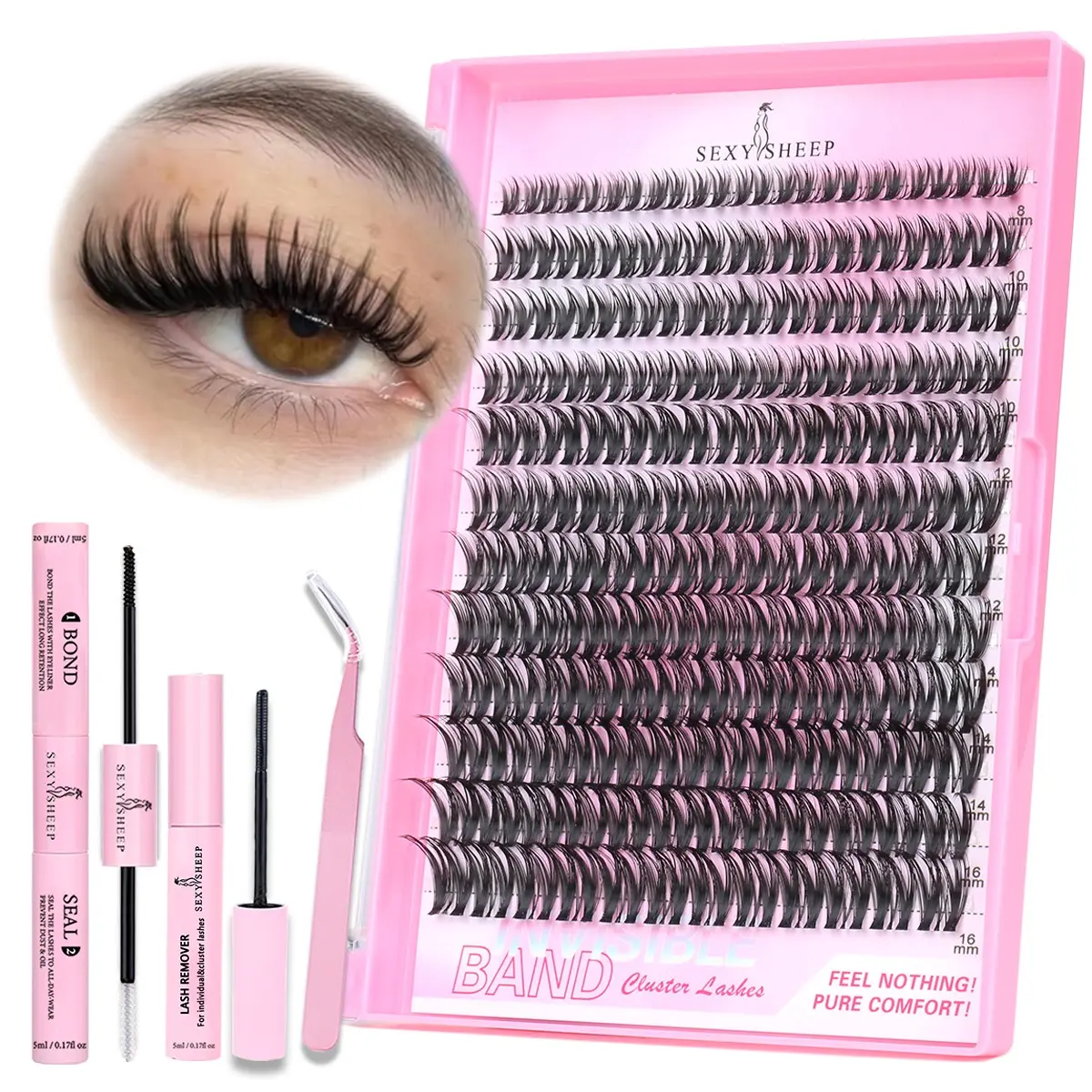 Lash Clusters Kit with Long-lasting Lash Bond and Seal, Eyelash Glue,Tweezers, Cosmetic Makeup Tool, DIY Lash Tools and Remover for DIY Eyelash Extension at Home for Natural Makeup Girl Gifts