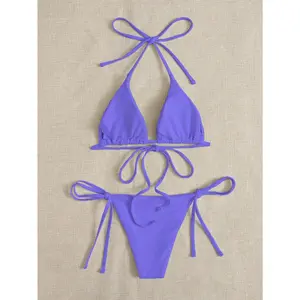 Solid color three-point bikini strap-on women's swimsuit set
