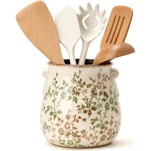 Utensil Holder for Kitchen Counter, Modern Farmhouse Rustic Exquisite Chinoiserie Floral Ceramic Utensil Organizer Crock for Home Kitchen Decor, Green and Beige