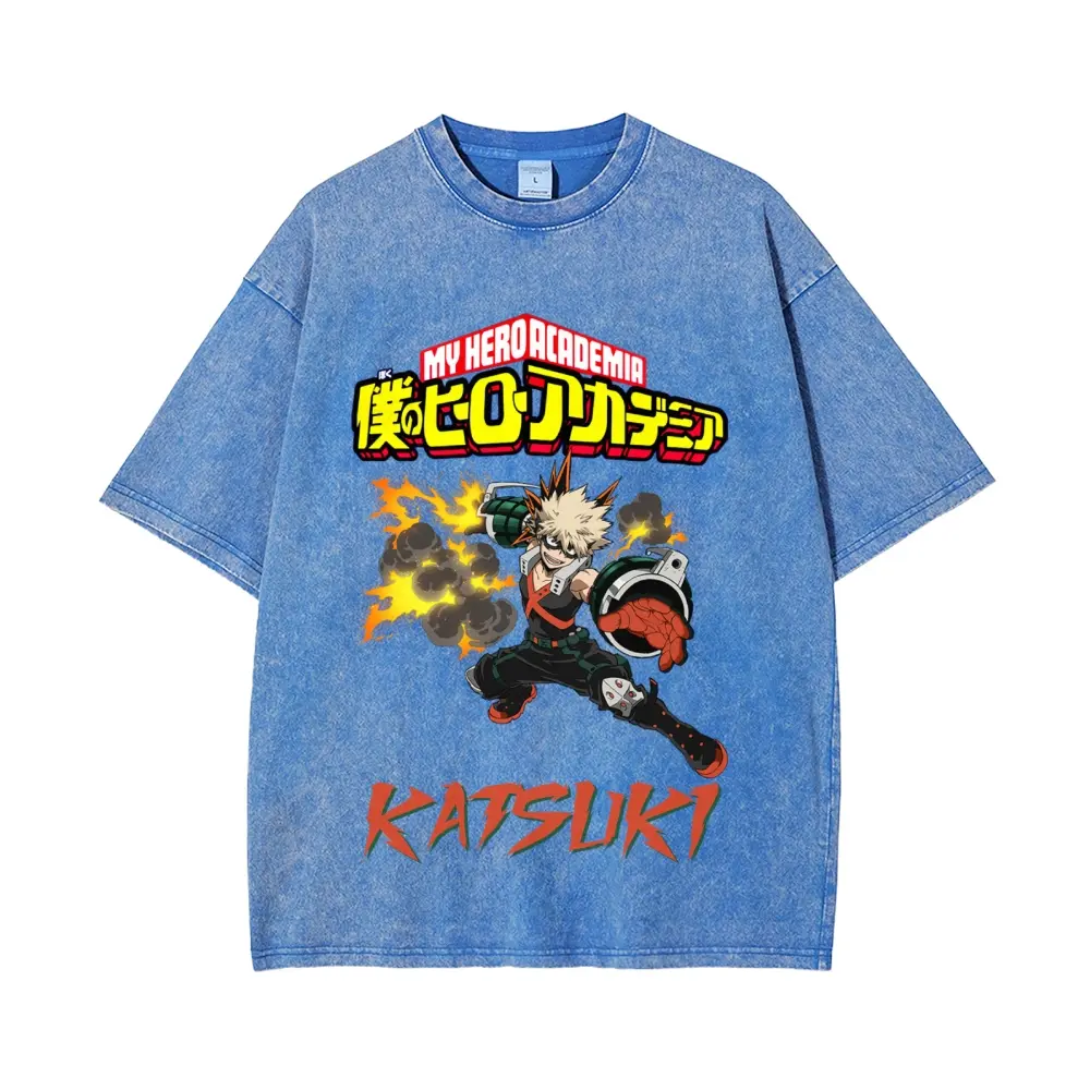 Men's My Hero Academia Katsuki Bakugo Vintage Washed Short-Sleeve T-Shirt - Breathable Oversized Cotton Top, Retro Anime Print Casual Streetwear for Fans, Tshirt, Shortsleeve, Menswear, Round Neck, Classic, Katsuki Bakugo Graphic Men's Short-Sleeve T-Shir