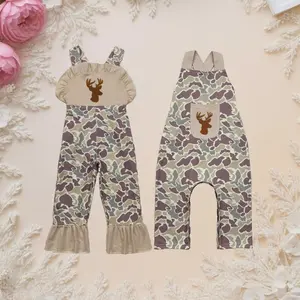 Toddler Kid Sleeveless Camouflage Pattern Fitted Fit Ruffle Overalls, Deer Camo Hunting Jumpsuits, Summer Basic Girls' Shorts Set Kid
