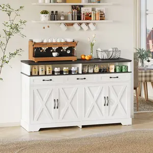 B [Shipping by 2 Packages] FUSOU 63'' Buffet Cabinet with Storage, Farmhouse Sideboard Cabinet with Charging Station, Coffee Bar Cabinet, Sideboard Buffet Cabinet for Kitchen, Living Room, Hallway, White