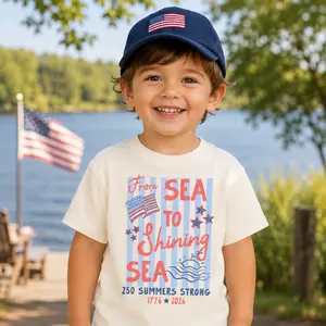Sea To Shining Sea Kids Patriotic T Shirt, 250 Summers Strong USA Independence Day Tee for Boys Girls, America 250 Anniversary Shirt 1776 2026, Fourth of July Youth Graphic Tee, Patriotic Summer Vacation Outfit, USA Pride Gift