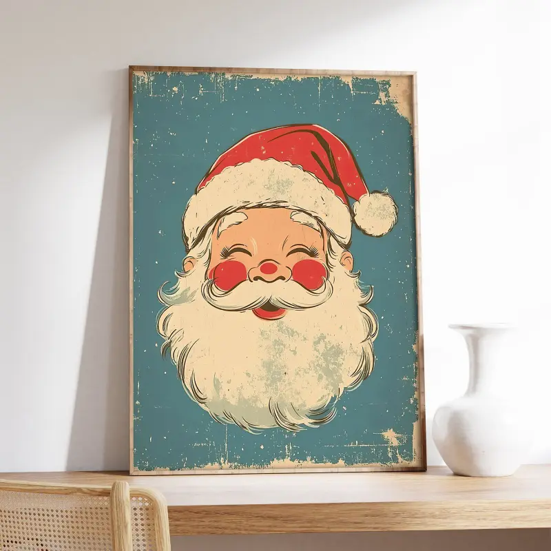 1pc Vintage Santa Claus   Canvas Poster - Turquoise & Red Lightweight Minimalist American Cartoon Art, Peel & Stick Vertical Smiling Santa Print, Christmas Room    ation Home Wall Art Supplies