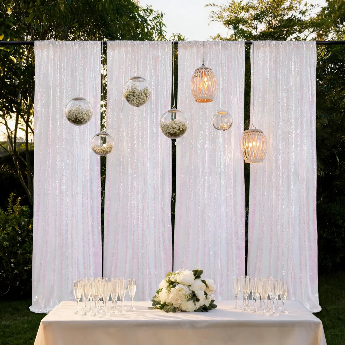 Premium White Iridescent Sequin Backdrop Curtain 4-Pack (2x8ft), Room Decor for Party Photography Props, Wedding & Birthday Sparkle Home & Festive Supplies, Banners