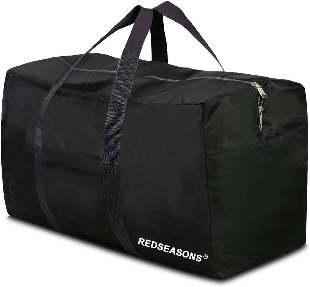 96L Extra Large Fishing Duffle Bag, Foldable Lightweight Unisex Travel Bag with Zipper, Shoulder Strap - Solid Black