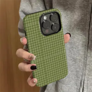 Fresh and simple style, green striped design, checkered pattern phone case, suitable for iPhone 11, 12, 13, 14, 15, 16, 17 Pro Max and Samsung Galaxy S25 Ultra, S24 Plus, S23 FE, S22, S21. New 2-in-1 shockproof design. MFL51