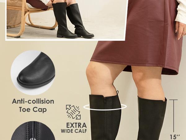 Women's Extra Wide Calf Knee High Boots with Side Zipper and Stretch Panel