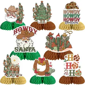 1Set Christmas Western Cowboy Themed Honeycomb Centepieces Howdy Santa Table Toppers Centerpieces Christmas Tree Cactus Boots Hat Table Decorations for Table Wild West Christmas Holiday Xmas Party Supplies