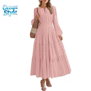 Ocean Style 2026 Fall Dresses for Women  Casual Long Sleeve V Neck Elastic Waist Lightweight Maxi Wedding Guest Dress Pockets