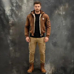 Men'S Zip-Up Hoodie, Lamb Fleece Lining, Thickened Waffle Knit Fleece, Autumn/Winter Fleece-Lined Thickened Hooded Jacket