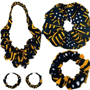DeNob Handmade 4-in-1 Ankara Set XXL Scrunchie Ruffled Headband Earrings Mini Scrunchies Color 1 Vibrant Fabric Soft Durable Versatile