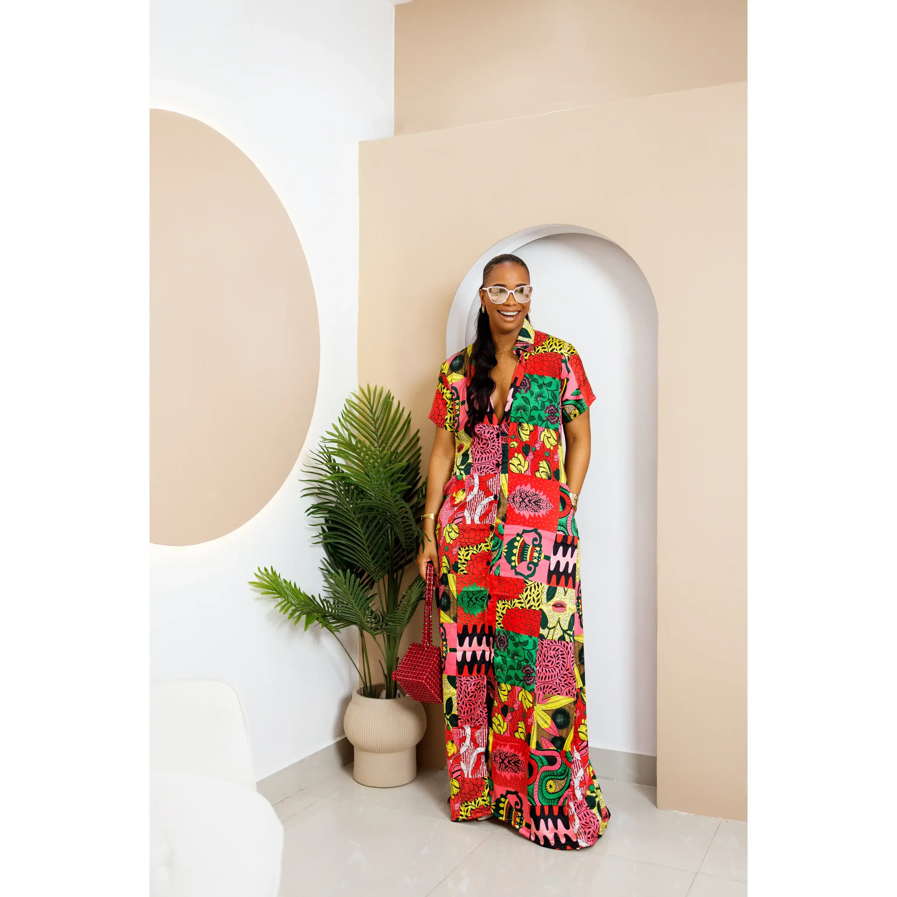 Lady's Traditional Adaoma Silk Ankara Dress, Premium Fabric, Unique Print Formal Womenswear, Elegant, Button Front, Formal Wear, Kaftan Dress, Full Length, Clothes