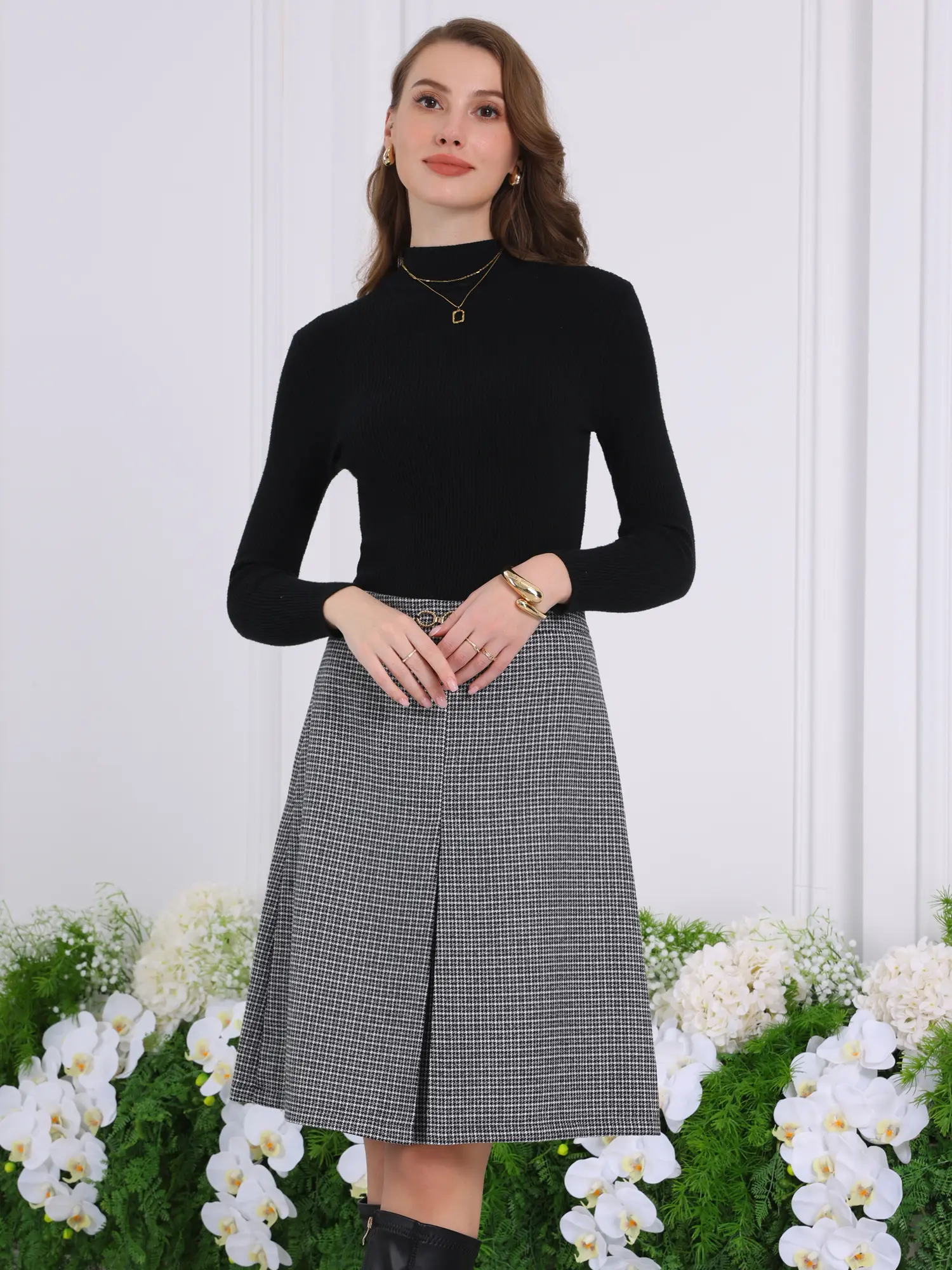 INSPIRE CHIC Women's Office Skirt Knee Lenght High Waist Plaid Tartan Skirt