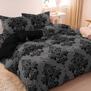 3Pcs Black Damask Floral Duvet Cover Set Gothic Bedding Set Soft Microfiber, Honeycomb Gray Base, All Sizes For Four Seasons Bedroom Bedding Set (Includes 1 Duvet Cover & 2 Pillowcases)