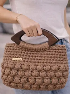 Handmade Crochet Wood Top Handle Bag – Taupe Color (Made to Order)