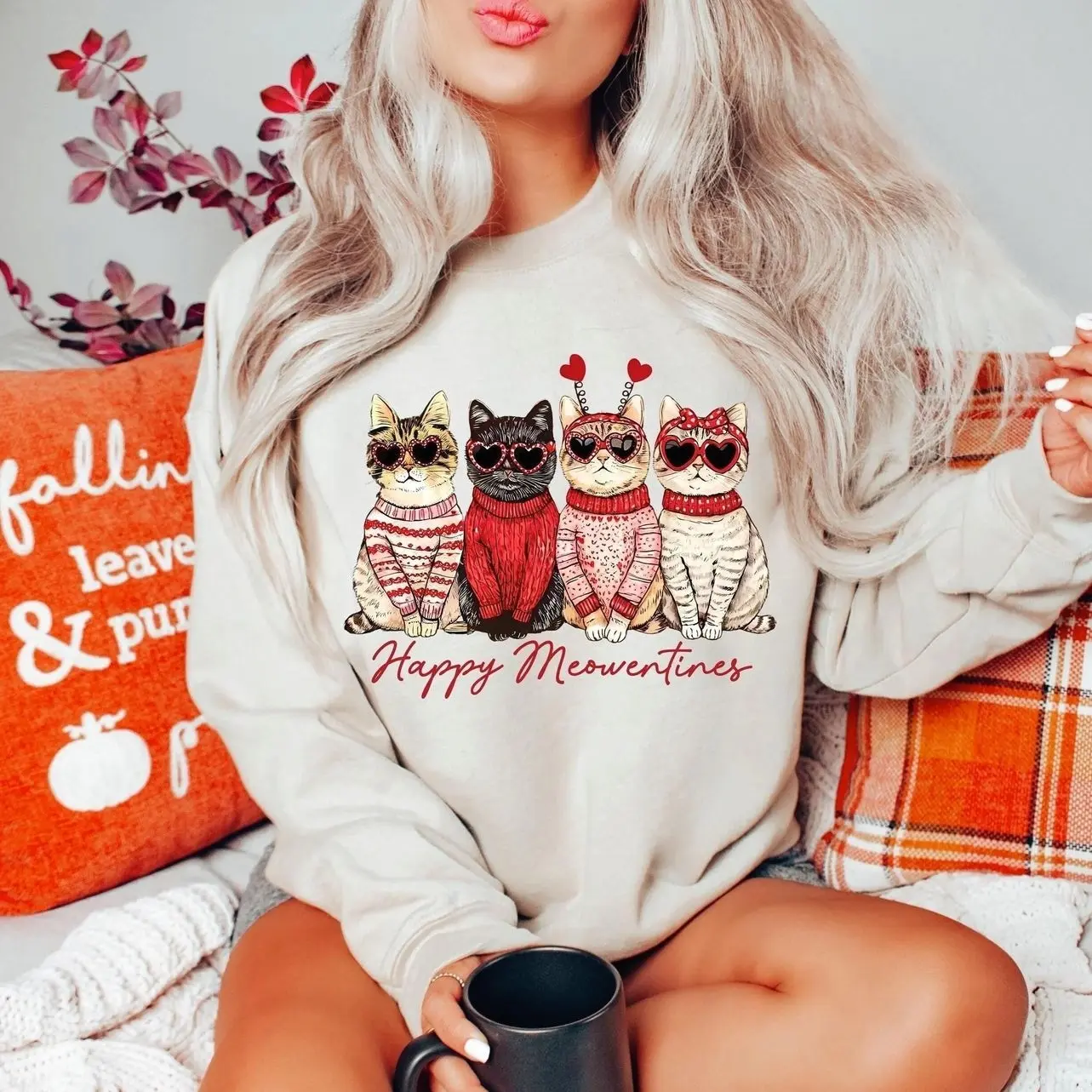 Happy Meowentine Sweatshirt, Cute Cat Valentine Crewneck, Cat Lover Valentine's Day Sweater, Funny Feline Graphic Apparel, Valentine's Gift for Cat Moms & Women & Men