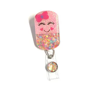 Happy Pill Badge Reel Pink with Pink Bow Retractable Swivel Alligator Clip for Nurse Pharmacy Pharmacy Technician 2 Inch Size