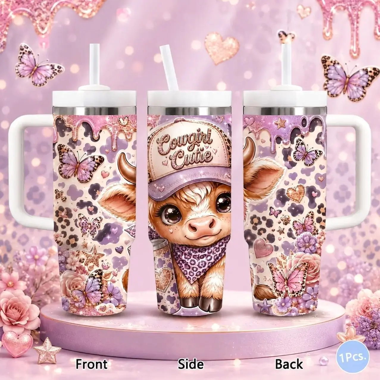 Cute Western Highland Cow Vacuum Flasks 40oz Stainless Steel Vacuum Insulated Stylish Tumbler with Handle & Straw | Long-Lasting Cold & Heat Retention, Leak-Resistant | For Iced Coffee, Water, Office, Gym & Travel, Leakproof Tumbler