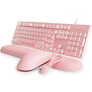 GX710S Wired Keyboard and  Combo with White Backlit Pudding Keycaps, Wrist Rest, Full Size, Metal Panel, Quiet Cute   Keyboard  Set for Windows PC Desktop -