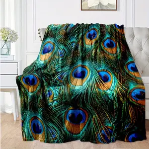 A Peacock Feather Patterned All-Season Flannel Blanket, A Soft And Warm Travel Throw