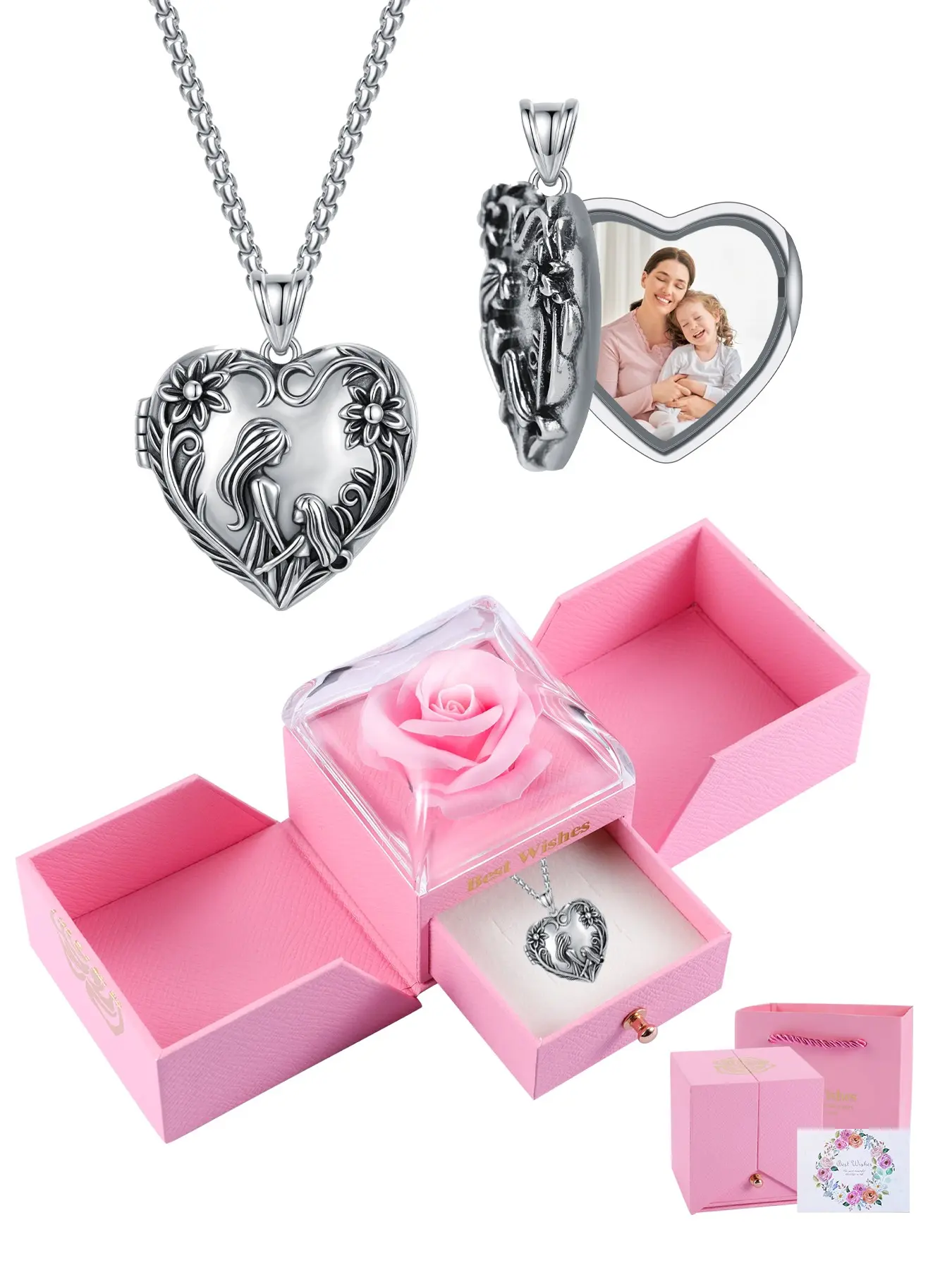 Mom and Daughter Locket Necklace With Rose Jewelry Gift Box, Heart Necklace, Locket Necklace That Holds Pictures Photo Keep Someone Near to You, Mother's Day Christmas Jewelry Gift for Mom from Daughter