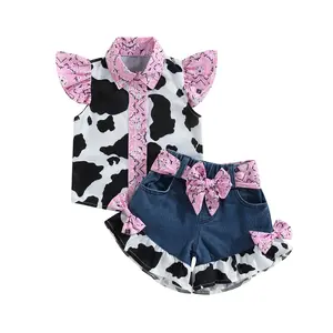Western Baby Girl Denim Outfits Cow Print Shirt Toddler Ruffle Sleeve Button Down Tops Bowknot Wide Leg Jean Shorts (