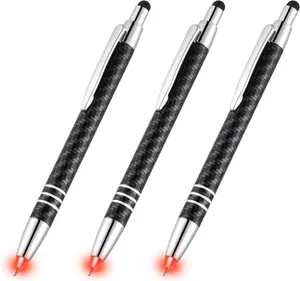 Lighted Tip Pen with Stylus 3-in-1 - LED Penlight Light Up Pen Light Ballpoint Pen with Light for Writing in the Dark - Pack of 3 - Red Light - GL006