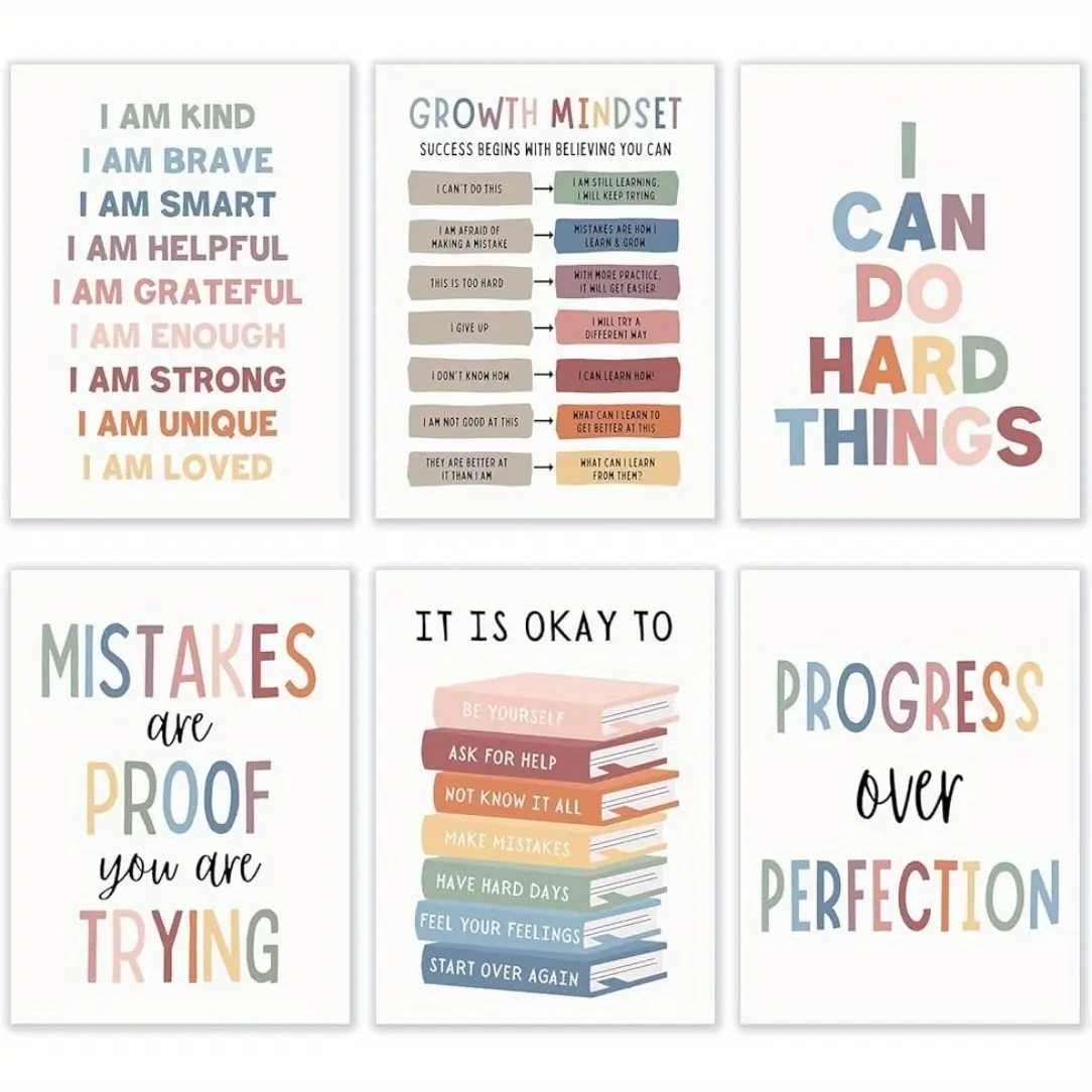 6pcs 8*10in Unframed Art Print Positive Affirmations Quotes Psychology Feelings Posters of Growth Mindset Posters for Classroom Therapy Office Decor Educational Prints