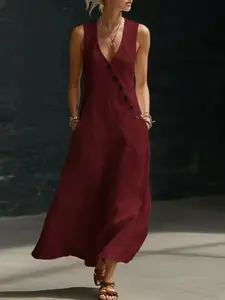 Summer & Spring European Style Lazy V-Neck Buttoned Linen Cotton Long Dress, Sleeveless Tank Top Maxi Skirt, Casual Fashion