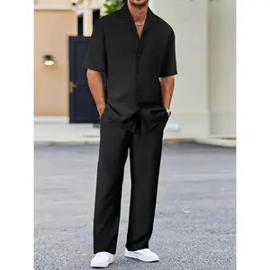 Men's Casual Set - Suit-Inspired Short Sleeve Shirt & Loose Straight Pants - Polyester, Machine Washable