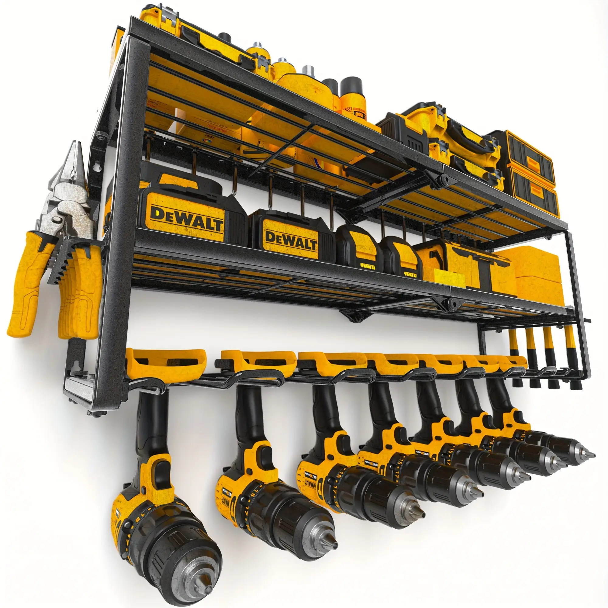 Power tool storage racks with charging stations, wall mounted drill racks for garage organization, tool and storage racks, heavy duty metal tool racks