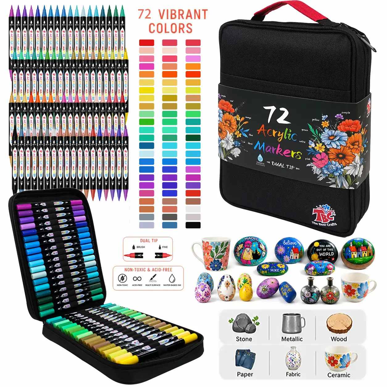 TBC The Best Crafts 72-Colors Dual Tip Acrylic Paint Markers, Double zipper design Topgrade Canvas bag,Waterproof, Non-Toxic, odorless, Suitable for Paper,Pottery, Stones, Glass,outdoor painting