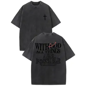 EEY Men's vintage washed cotton T-shirt with the design 'With God all things are possible' from Matthew 26:41, loose fit short-sleeve shirt, black with white lettering, casual attire, high-quality fabric