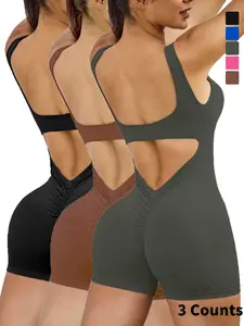 Women's Solid Color V Neck Backless Sports Bodysuit, Casual Sleeveless Racer Back Bodysuit for Yoga Gym Workout, Ladies Sportswear for All Seasons, Womenswear, Activewear, Backless Sports Jumpsuit