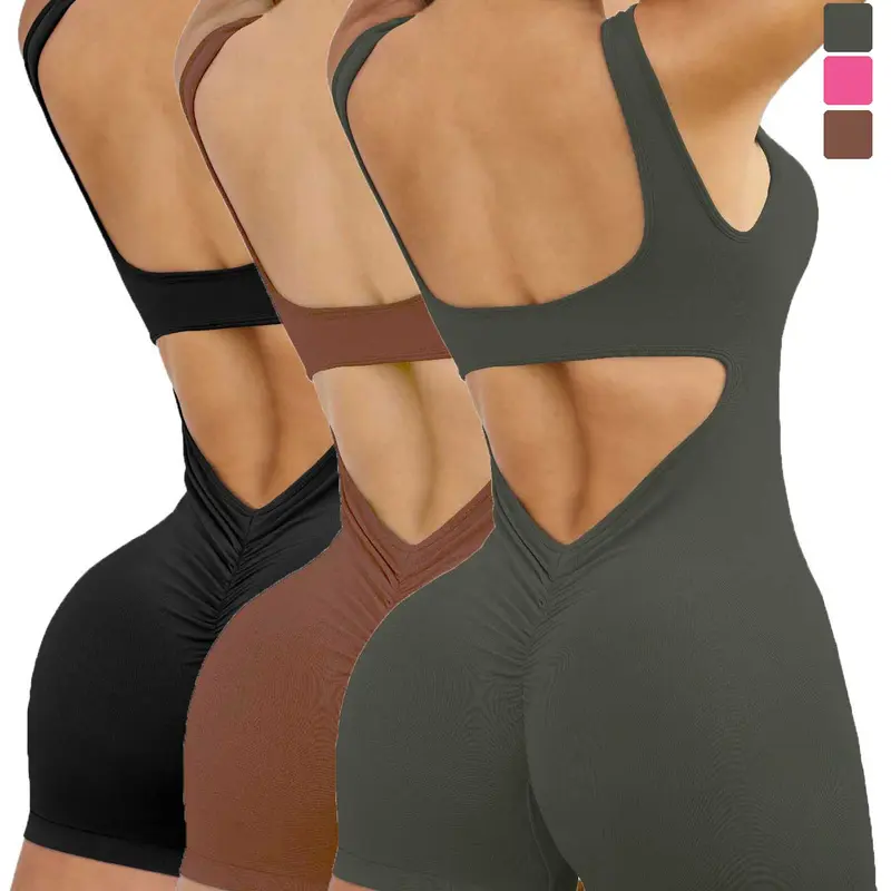 Women's Solid Color V Neck Backless Sports Bodysuit, Casual Sleeveless Racer Back Bodysuit for Yoga Gym Workout, Ladies Sportswear for All Seasons, Womenswear, Activewear, Backless Sports Stretchable Activewear Workout Apparel