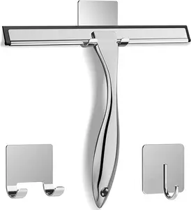 10-Inch Silver All-Purpose Stainless Steel Shower Squeegee with 2 Adhesive Hooks - Smooth Silicon Comfortable Home Care Tool for Shower Glass Door, Kitchen Surface, Household Window Mirror