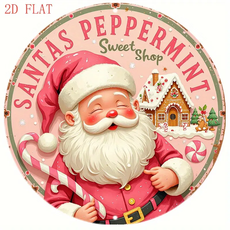 1pc Frameless Pastel Pink-Red Santa-Claus Peppermint Sweet Shop Round Metal Wall Decor - Unisex Christmas Holiday Sign with Candy Canes, Gingerbread Houses - Lightweight Hanging Plaque for Home, Farmhouse - Ideal Christmas Gift