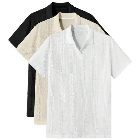 Men's Solid Jacquard Knit Polo Shirt, Regular Fit Casual Short Sleeve Collared Top for Summer, National Day Clothing, Fashion Menswear Men's Clothes for Daily Wear，summer outfits，mensfashion，mens clothing，guys giftsJacquard polo shirt funny men Tropical f