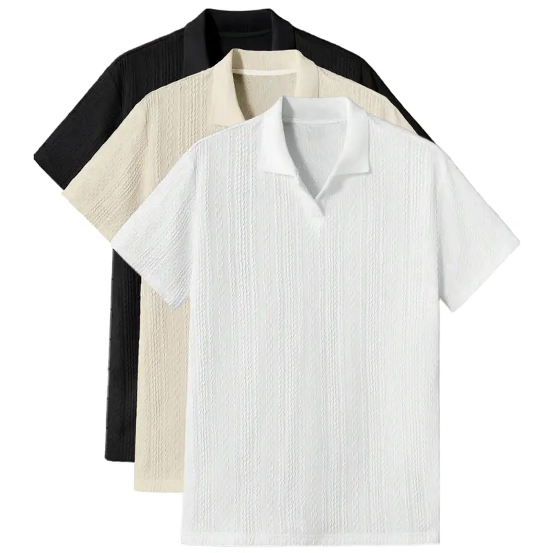 Men's Solid Jacquard Knit Polo Shirt, Regular Fit Casual Short Sleeve Collared Top for Summer, National Day Clothing, Fashion Menswear Men's Clothes for Daily Wear,summer outfits,mensfashion,mens clothing,guys giftsJacquard polo shirt funny men Tropical f