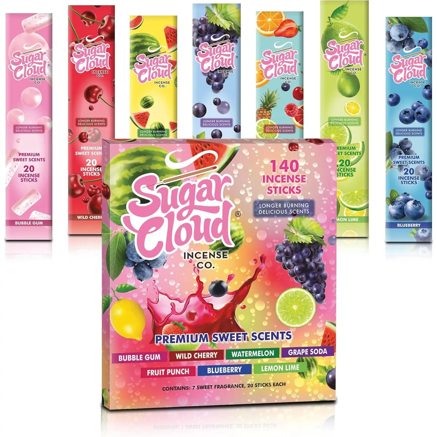 Sugar Cloud Incense Sticks | Set of 7-140 Insence-Sticks for Meditation & Good Vibes | Wild Cherry, Blueberry, Watermelon Incense Sticks | Premium Slow Burn Long Lasting Organic Insenses