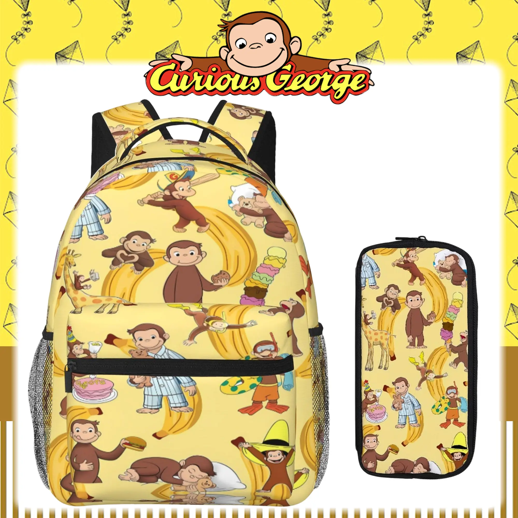 Curious George Cartoon Theme Kids Backpack, Full-Printed Lightweight Fabric Bookbag with Large Compartments, Padded Adjustable Straps, Ergonomic Design for Travel, Camping
