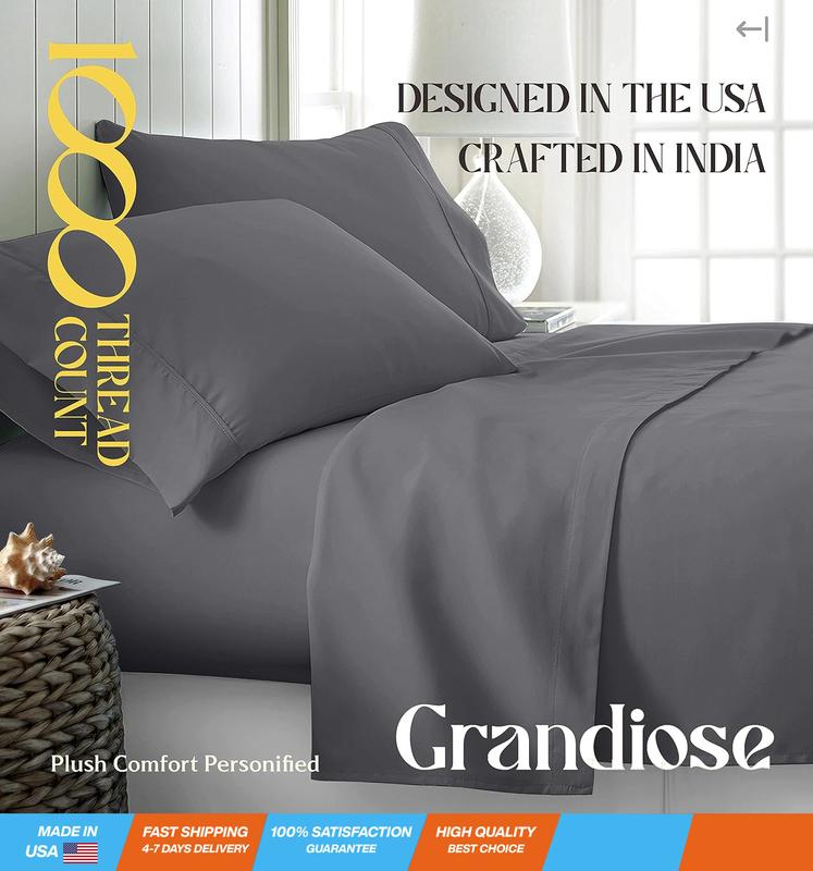 High Thread Count Best Bed Sheets 100% Egyptian Cotton Sheets Set Dark Grey Long-Staple Cotton Queen Sheet for Bed, Fits Mattress Upto 18'' Deep Pocket, Soft & Silky Sateen Weave Sheets