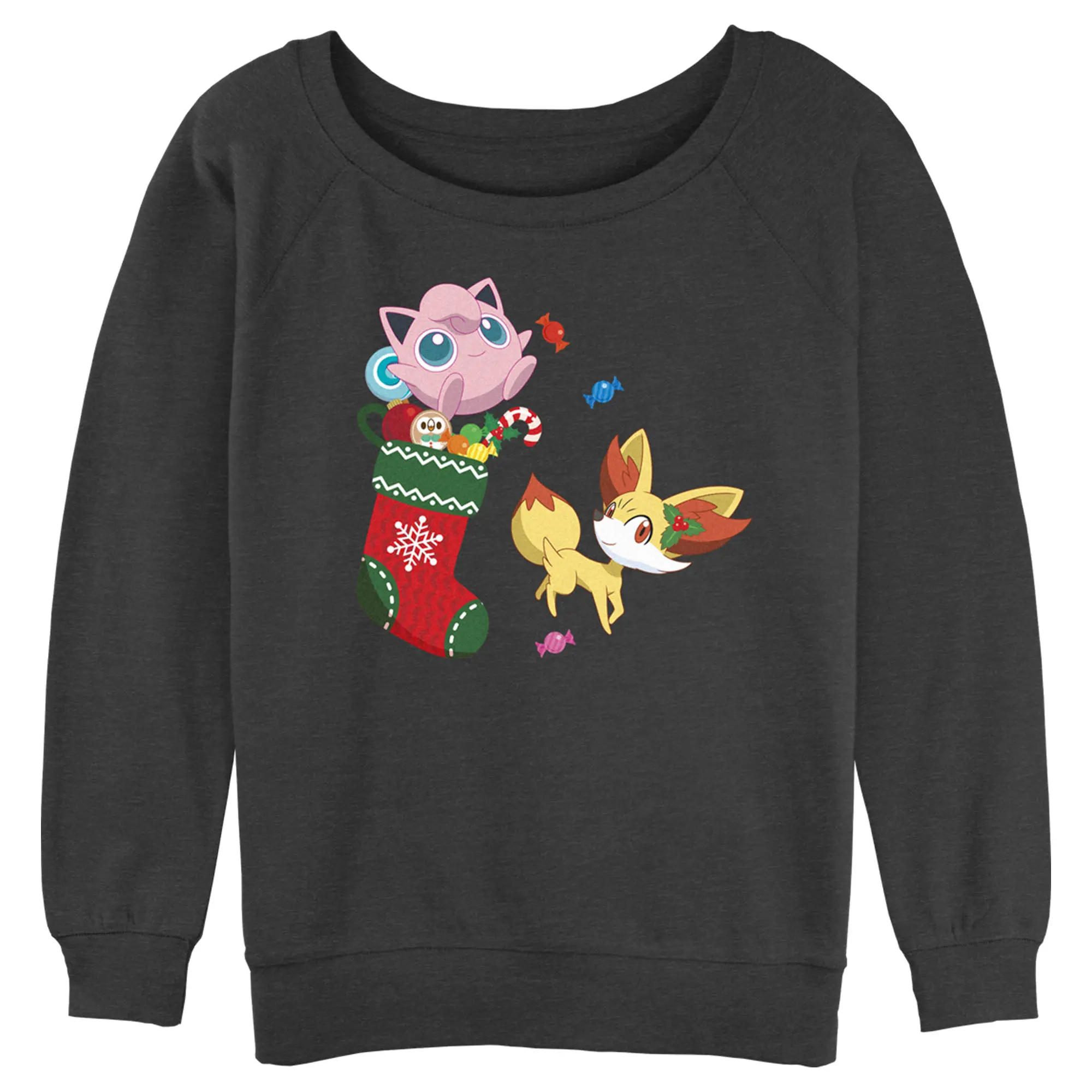 Juniors Womens Pokemon Christmas Jigglypuff and Fennekin Stocking Sweatshirt