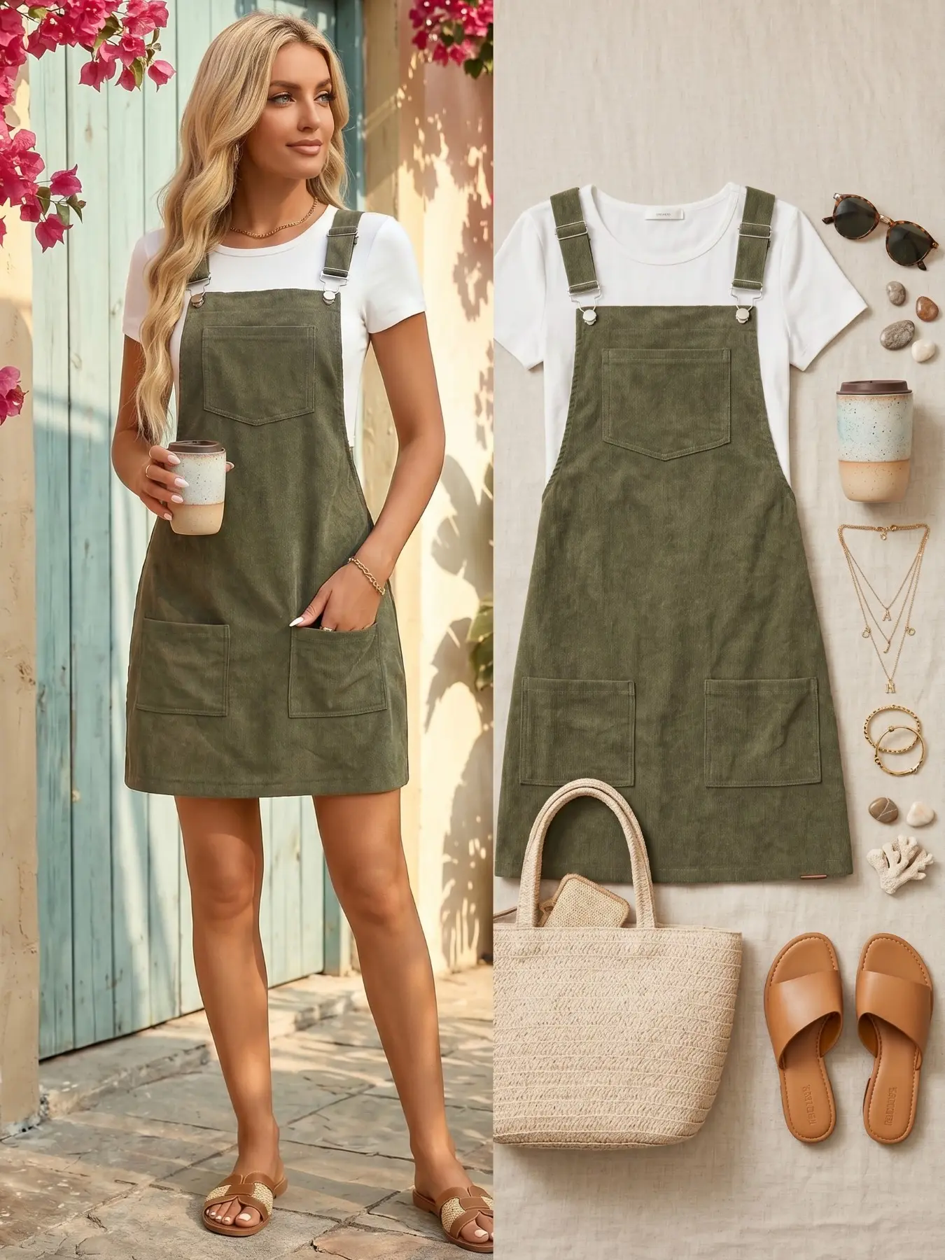 ladies dress overalls KIHOUT Women's Pinafore Skirt Overalls Summer Adjustable Straps Ladies  Ribbed Short Dress with Pockets